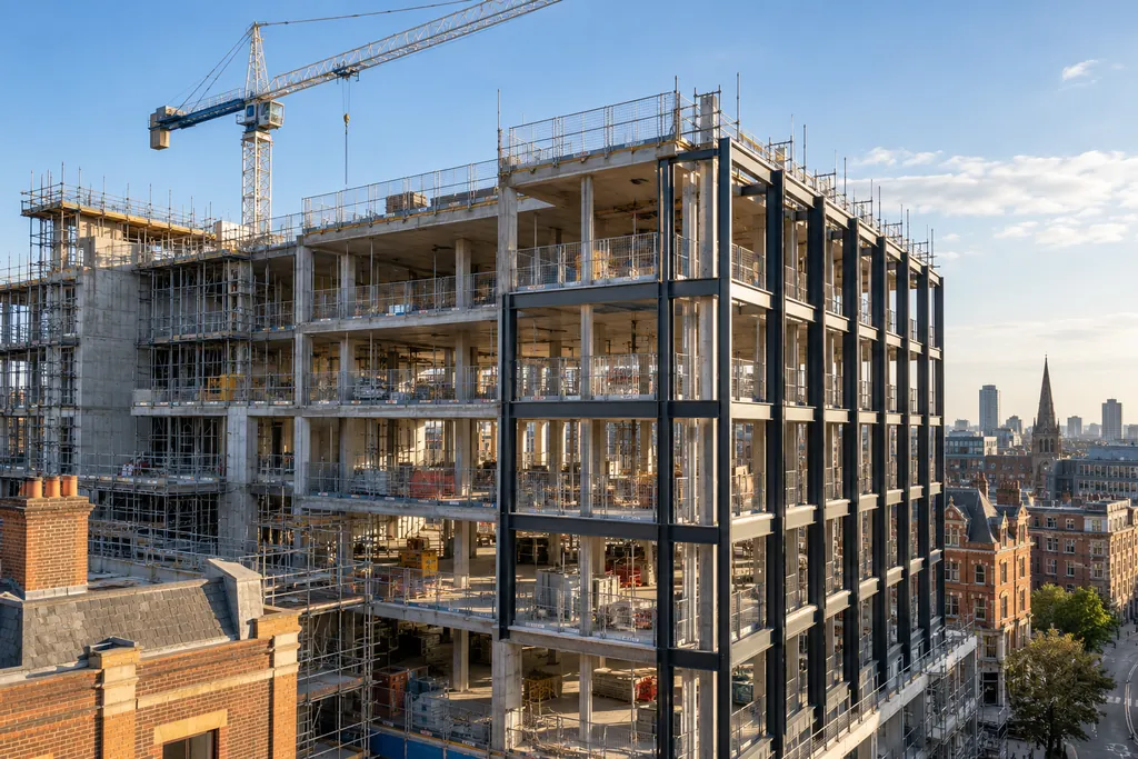 An active construction site with a crane and structural frame